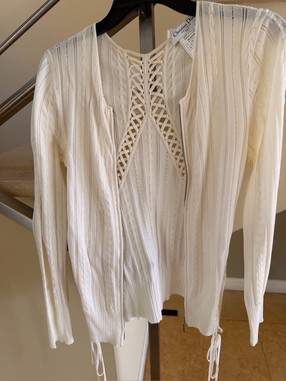 Vintage Dior Timeless classic sexy Ivory Lace-Up Knit Cardigan